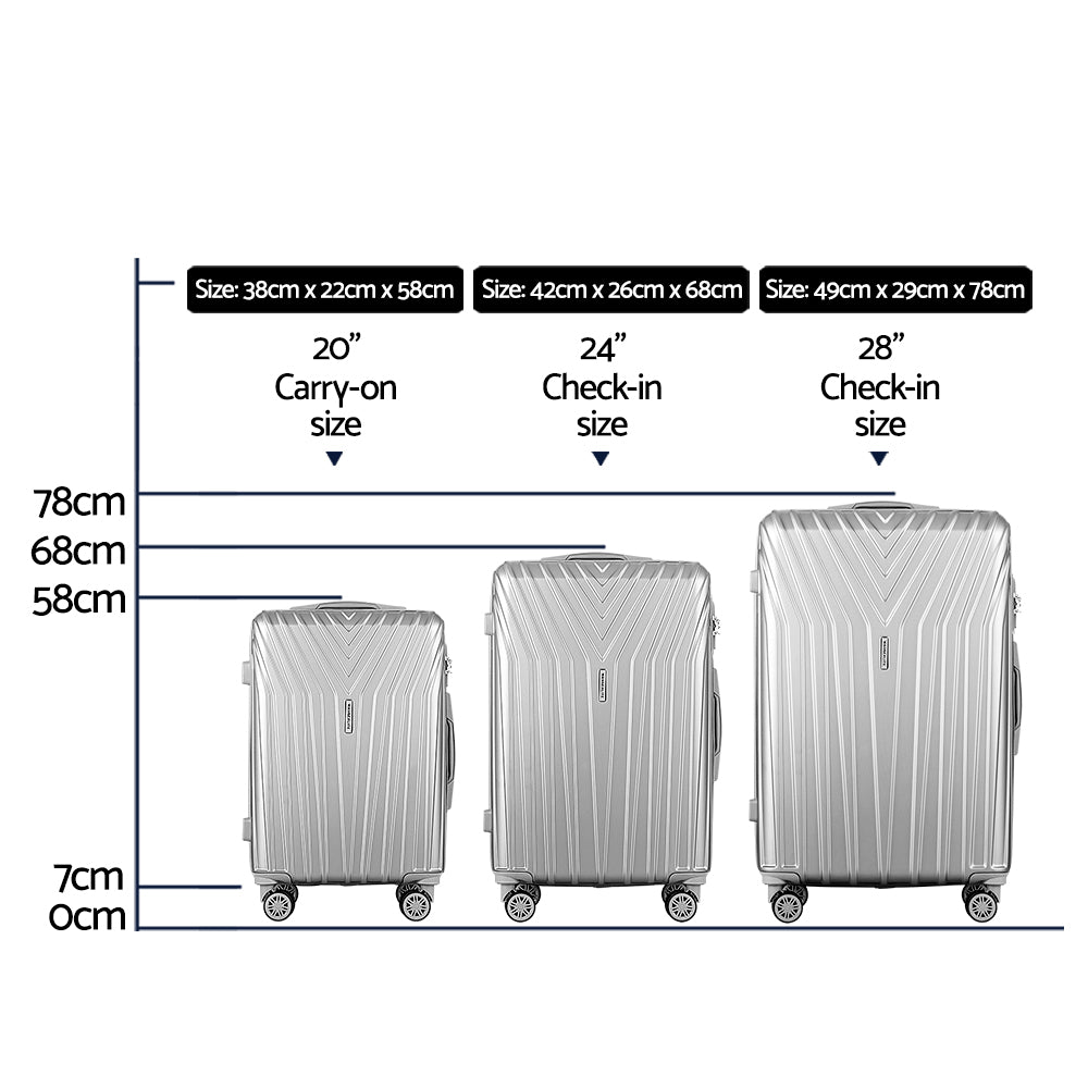 Wanderlite 75cm 3pc Luggage Trolley Suitcase Sets Travel TSA Hard Case Silver