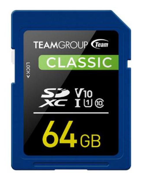 Team Classic SD Memory Card -64 GB. UHS Ultra Speed Class 1U1. Supports Video Speed Class 10V10.