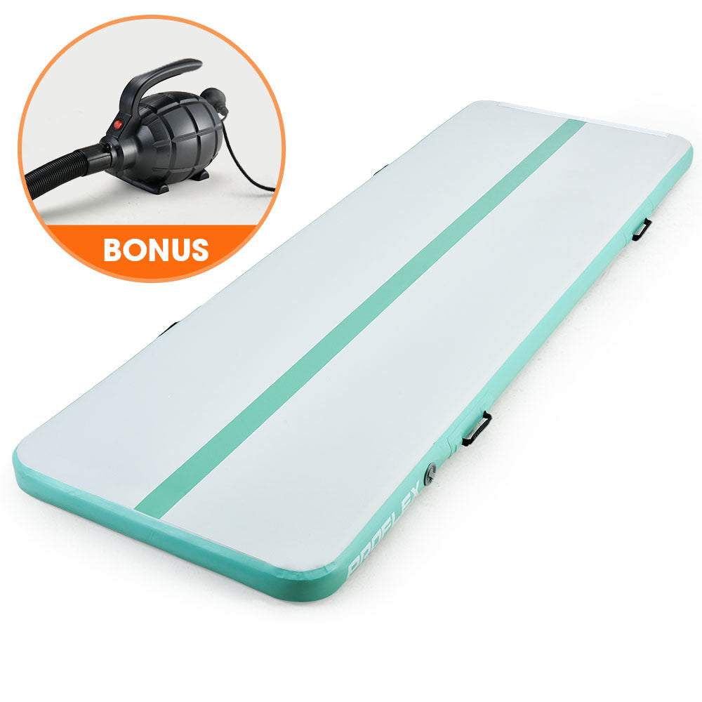 PROFLEX 800x100x20cm Inflatable Air Track Mat Tumbling Gymnastics, Mint & Grey, with Electric Pump