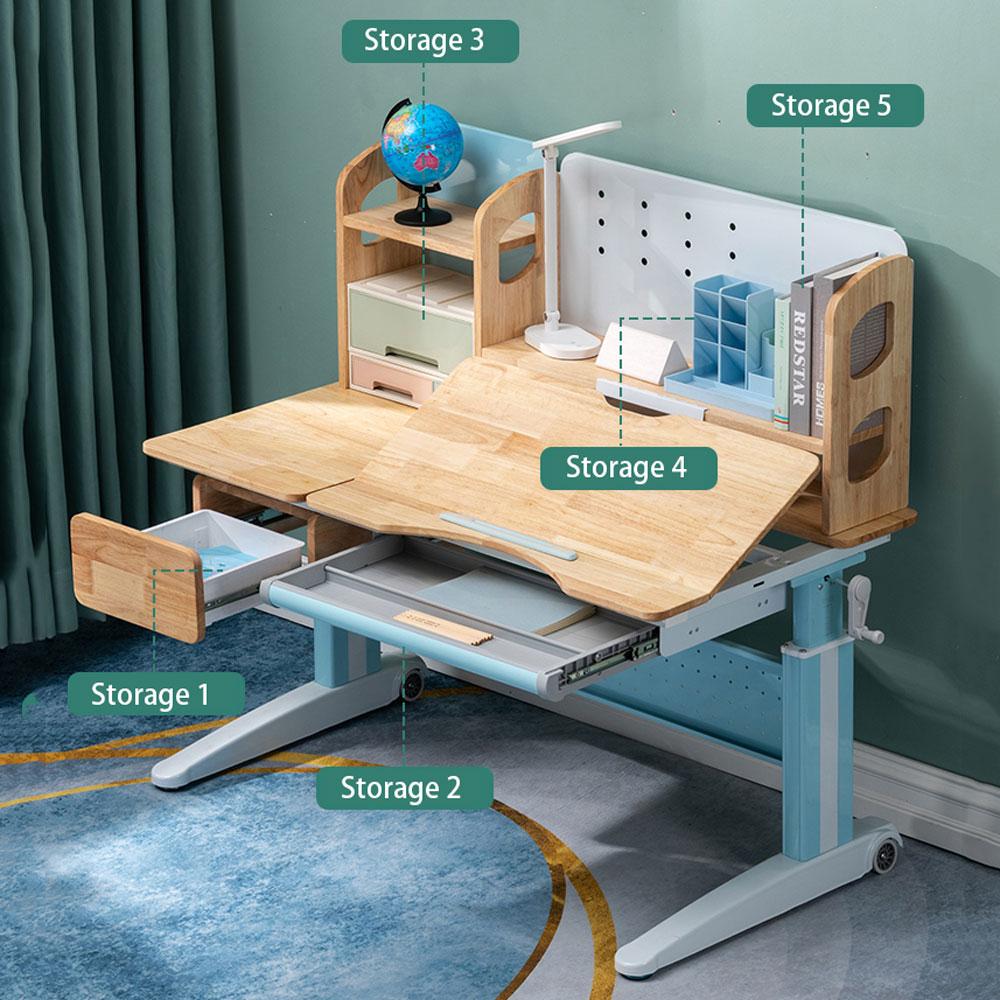 Solid Rubber Wood Height Adjustable Children Kids Ergonomic Blue Study Desk Chair Set 120cm AU
