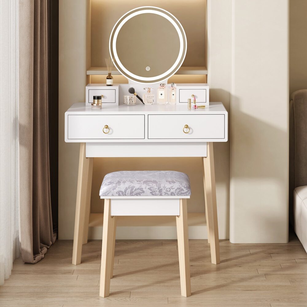 Dressing Vanity Table Stool Set with Make-up LED Lighted Mirror – White