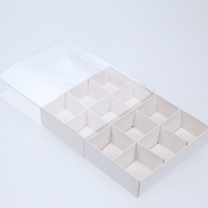 10 Pack of White Card Chocolate Sweet Soap Product Reatail Gift Box - 12 bay 4x4x3cm Compartments - Clear Slide On Lid - 16x12x3cm