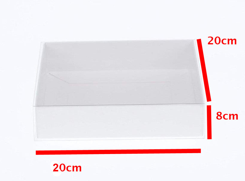 10 Pack of White Card Square Box - Clear Slide On Lid - 20 x 20 x 8cm - Large Beauty Product Gift Giving Hamper Tray Merch Fashion Cake Sweets Xmas