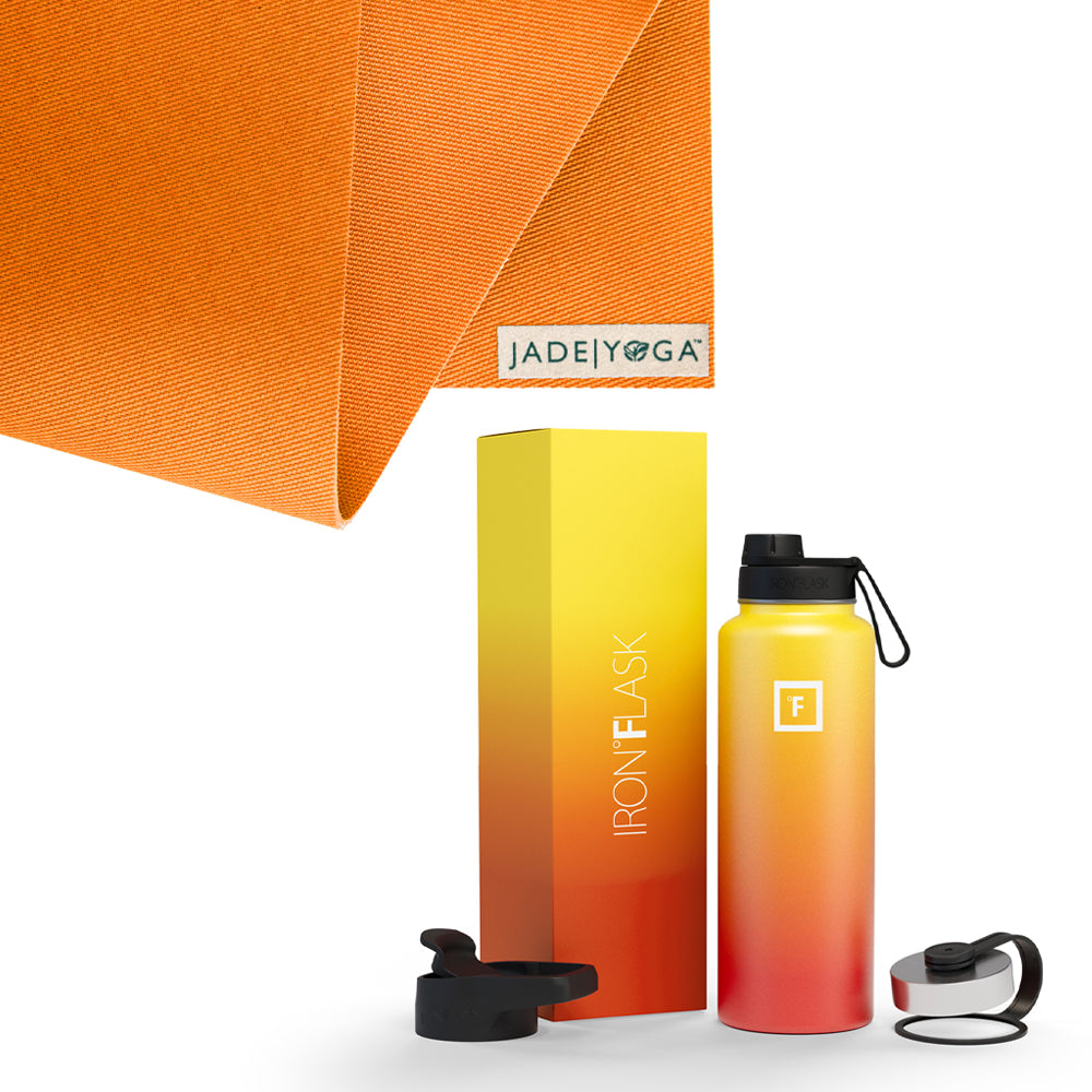 Jade Yoga Harmony Mat - Orange & Iron Flask Wide Mouth Bottle with Spout Lid, Fire, 40oz/1200ml Bundle