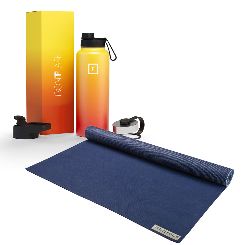 Jade Yoga Voyager Mat - Midnight & Iron Flask Wide Mouth Bottle with Spout Lid, Fire, 40oz/1200ml Bundle