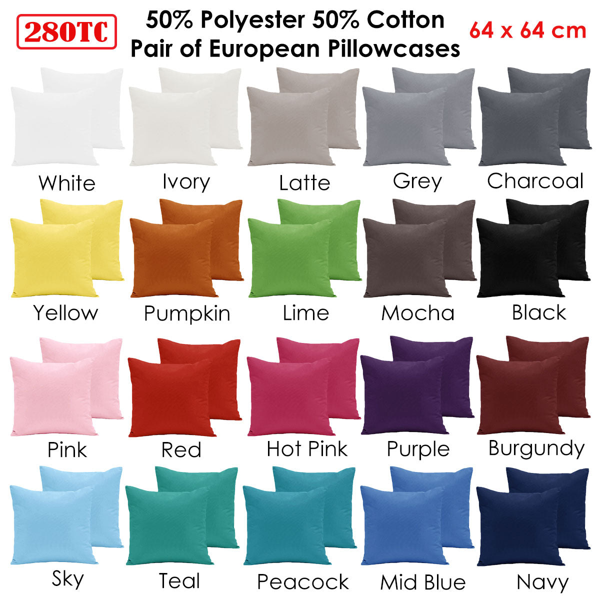Pair of 280TC Polyester Cotton European Pillowcases Burgundy