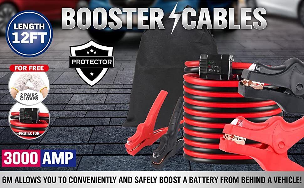 12FT Jumper Leads 3000AMP Heavy Duty Booster Cables Reverse Polarity Protection