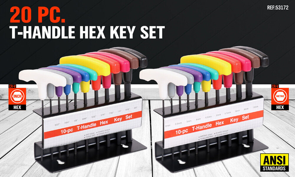 20Pc T-Handle Hex Key Set Allen Wrench Metric & Imperial / SAE Colour With Stand