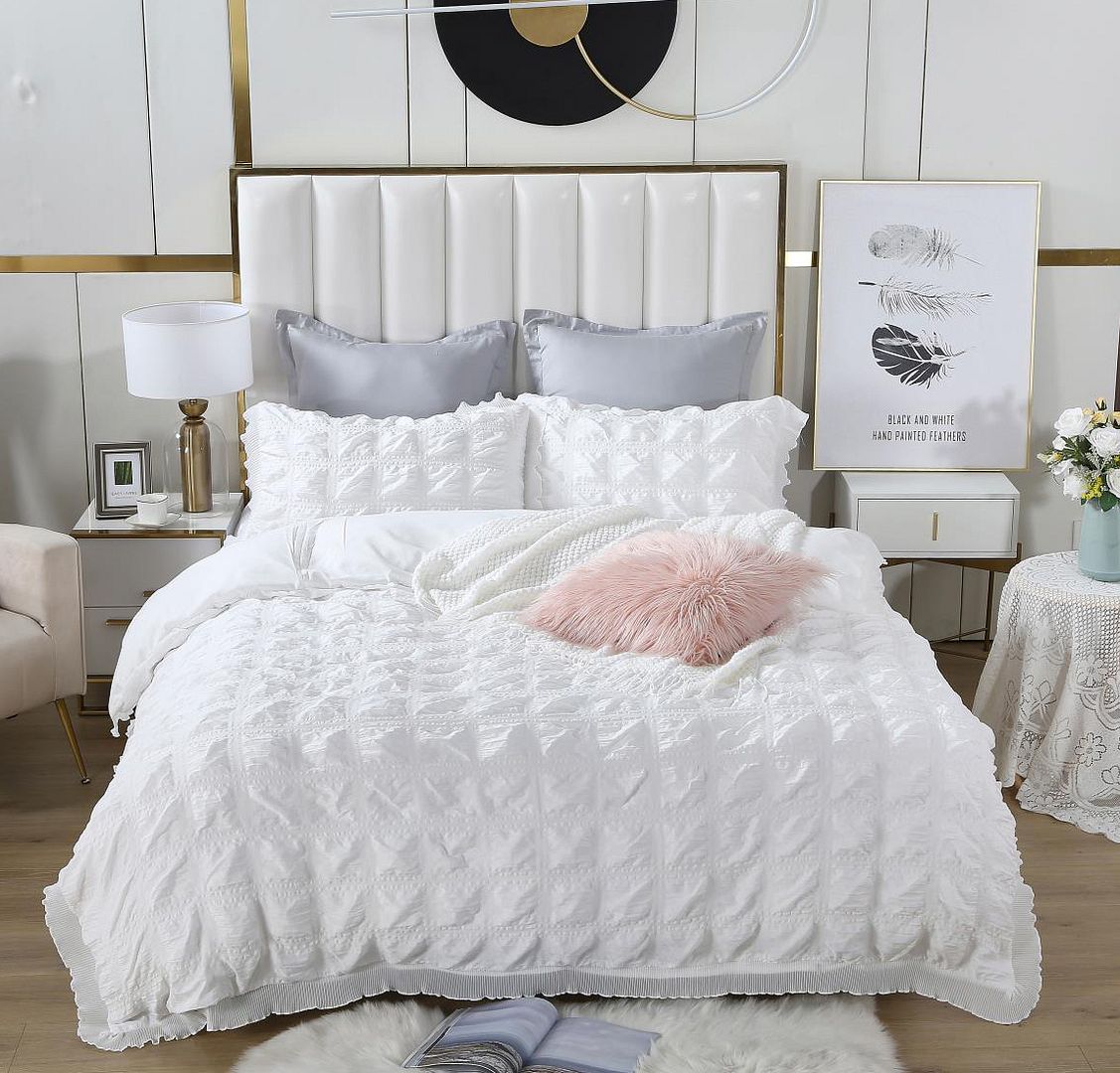 Ruffles Textured Jacquard King Size white Duvet Doona Quilt Cover Set