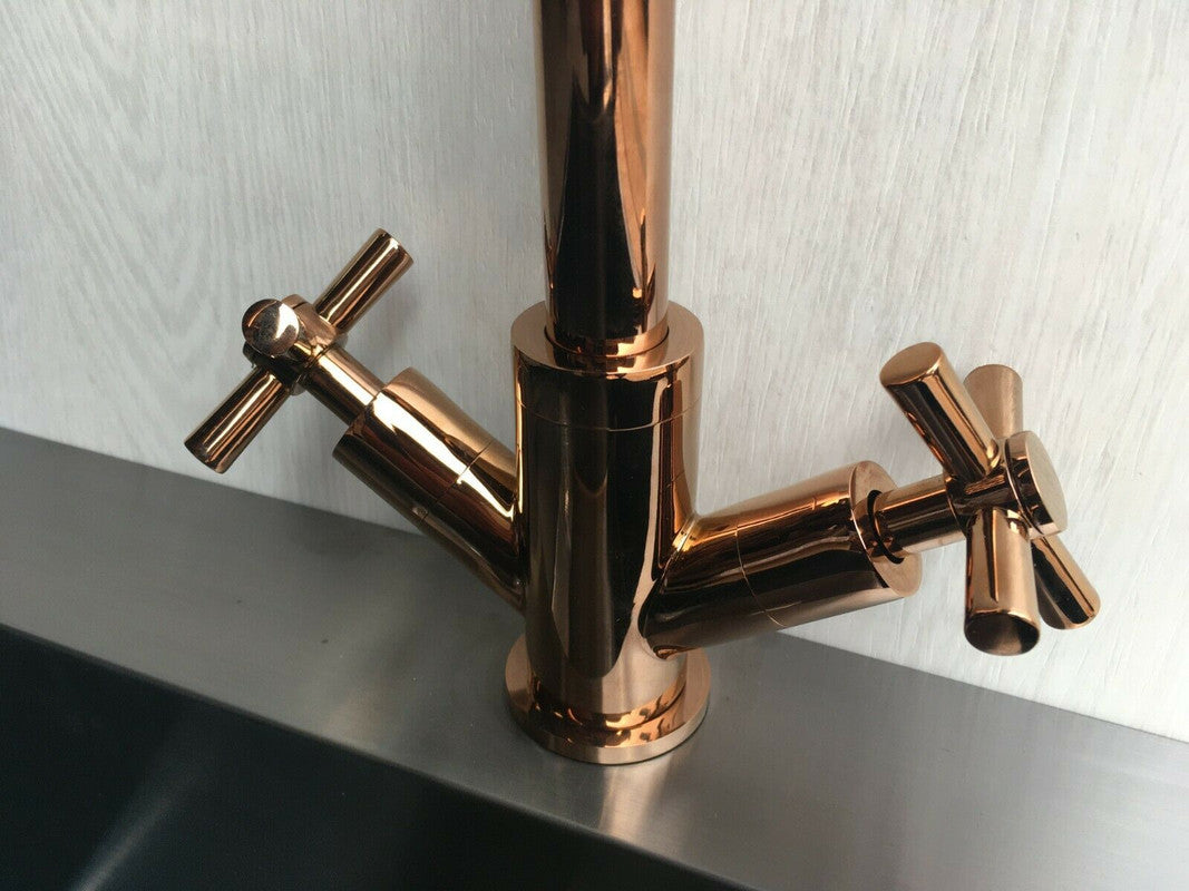 2023 Brushed Brass Gold Cross 1/4 turn hot cold Solid stainless steel goose neck Swivel Kitchen tap