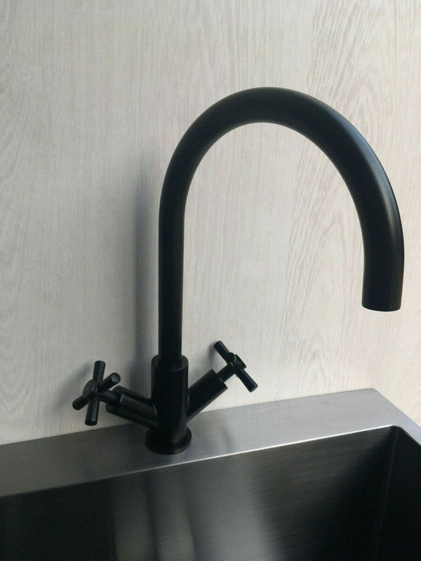 2023 Matte Black Cross 1/4 turn hot cold Solid stainless steel goose neck Swivel Kitchen tap