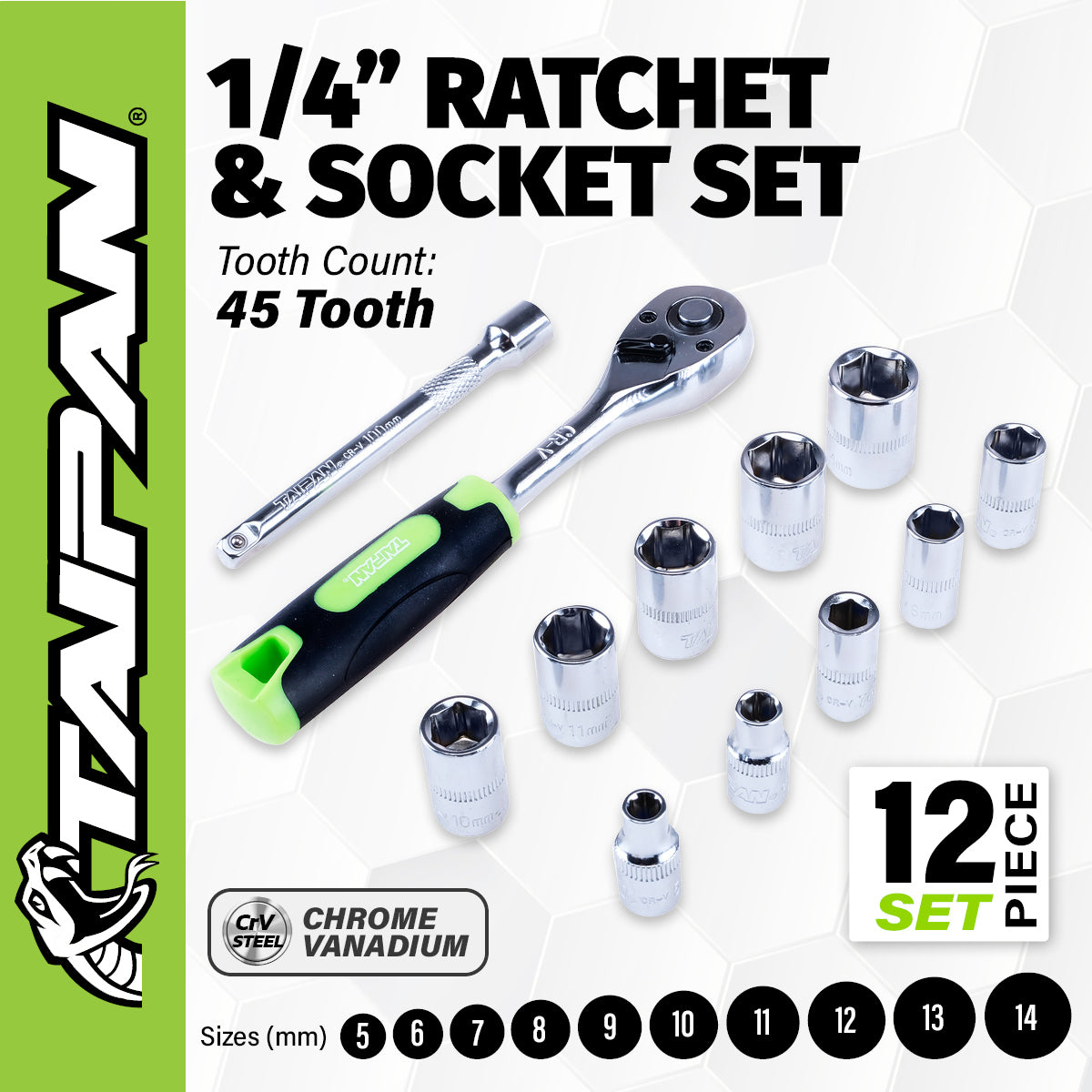 Taipan® 12PCE 1/4" Ratchet Socket Set Premium Quality Chrome Vanadium Steel