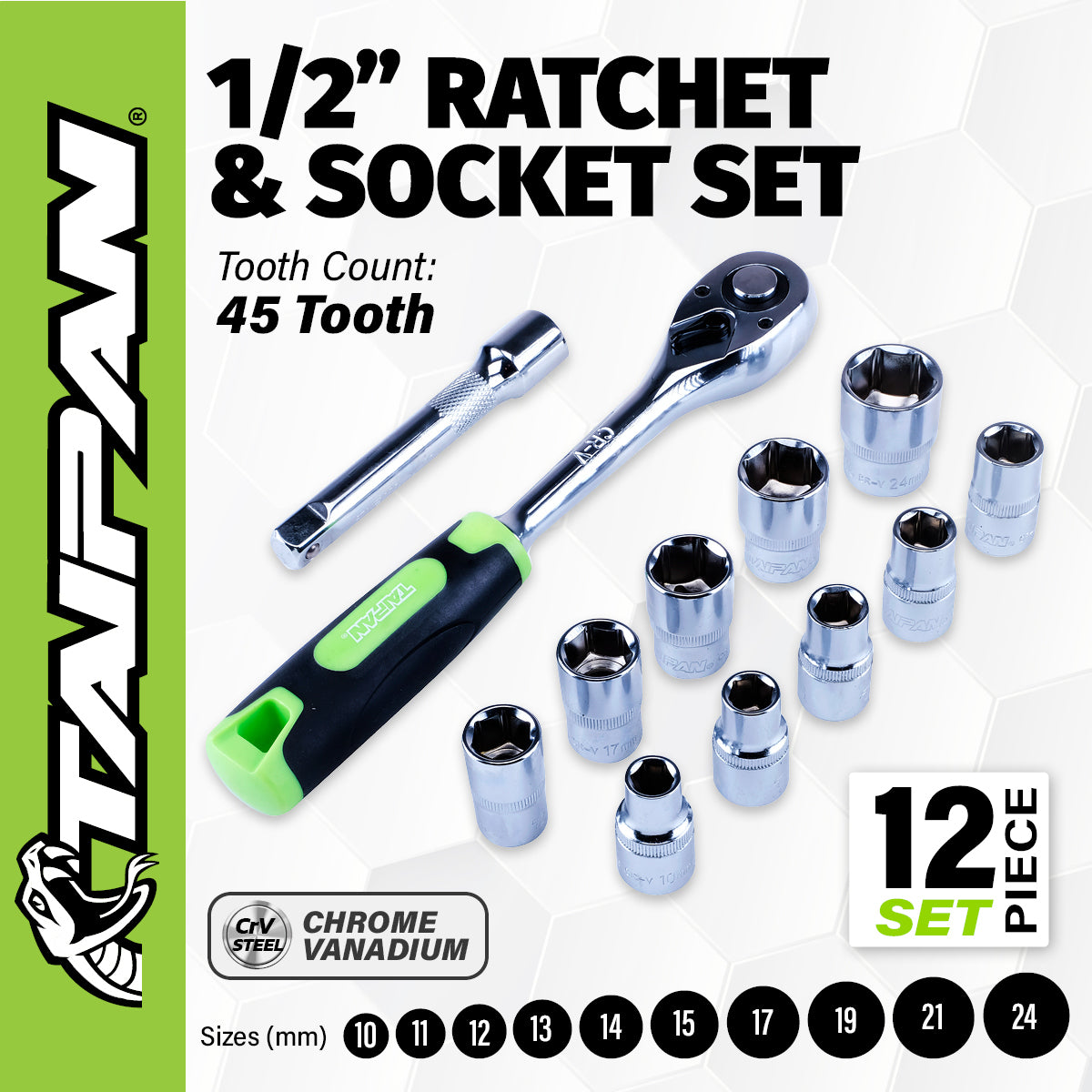 Taipan® 12PCE 1/2" Ratchet Socket Set Premium Quality Chrome Vanadium Steel