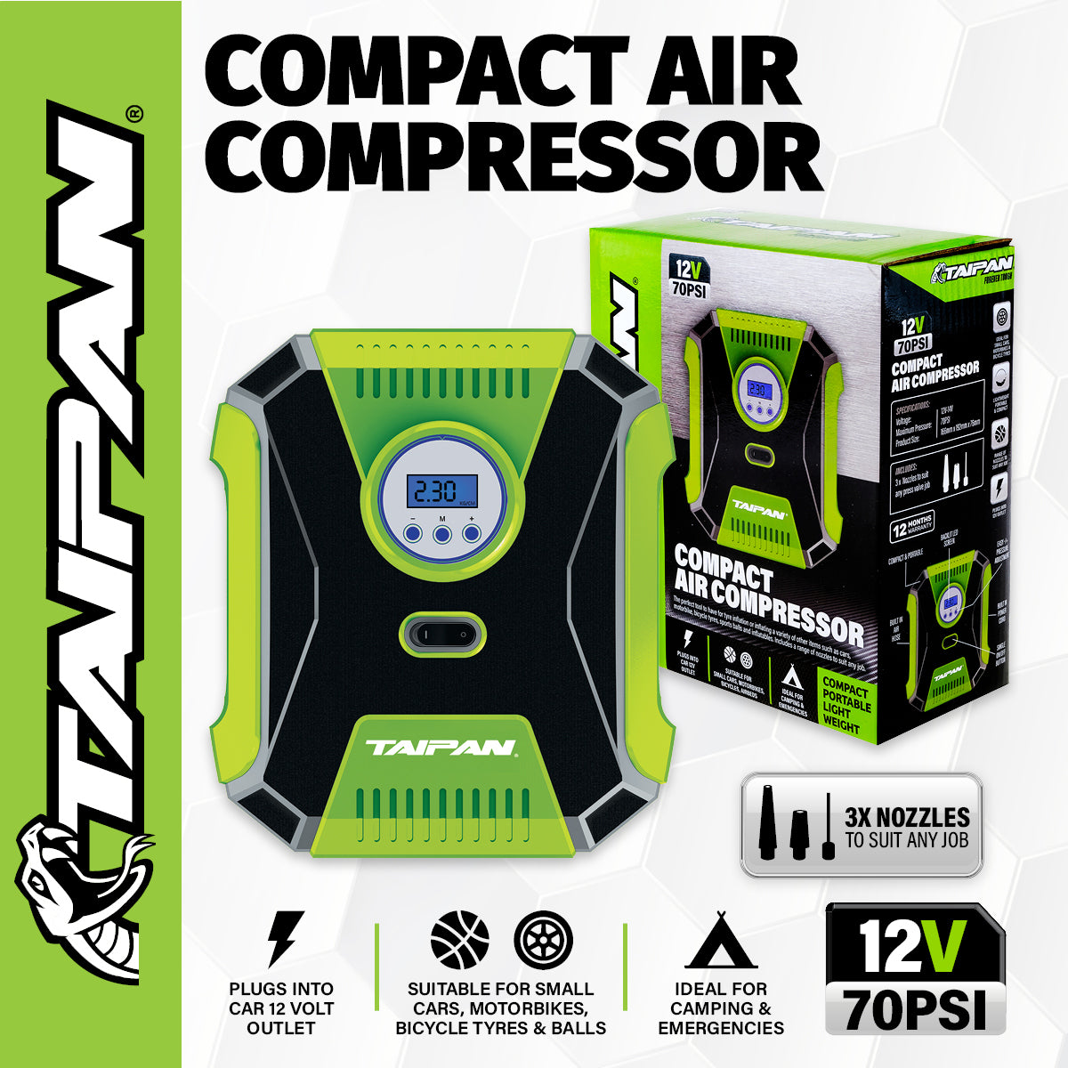 Taipan Compact Air Compressor 12V 70PSI LED Display Screen Various Nozzles