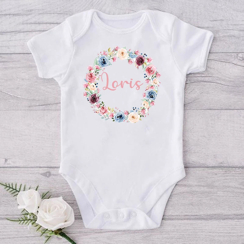 Personalised Floral Wreath New Baby Girl Clothes Custom Infant First Name Bodysuits Baby Shower Gifts Newborn Toddler Jumpsuits