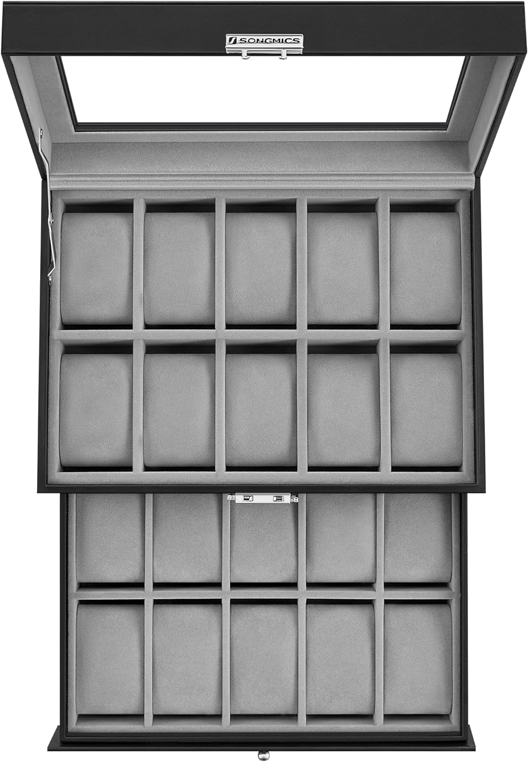 SONGMICS 20-Slot Watch Box with Glass Lid 2 Layers Black Synthetic Leather Gray Lining JWB006V1