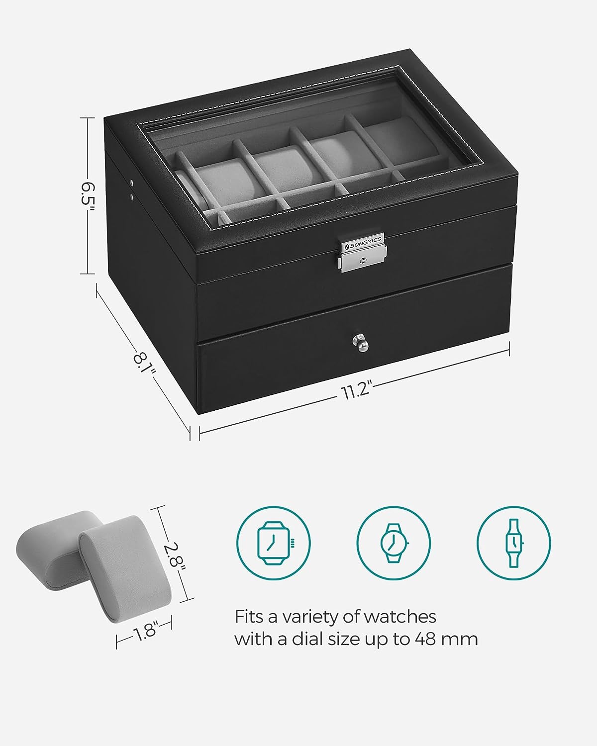 SONGMICS 20-Slot Watch Box with Glass Lid 2 Layers Black Synthetic Leather Gray Lining JWB006V1