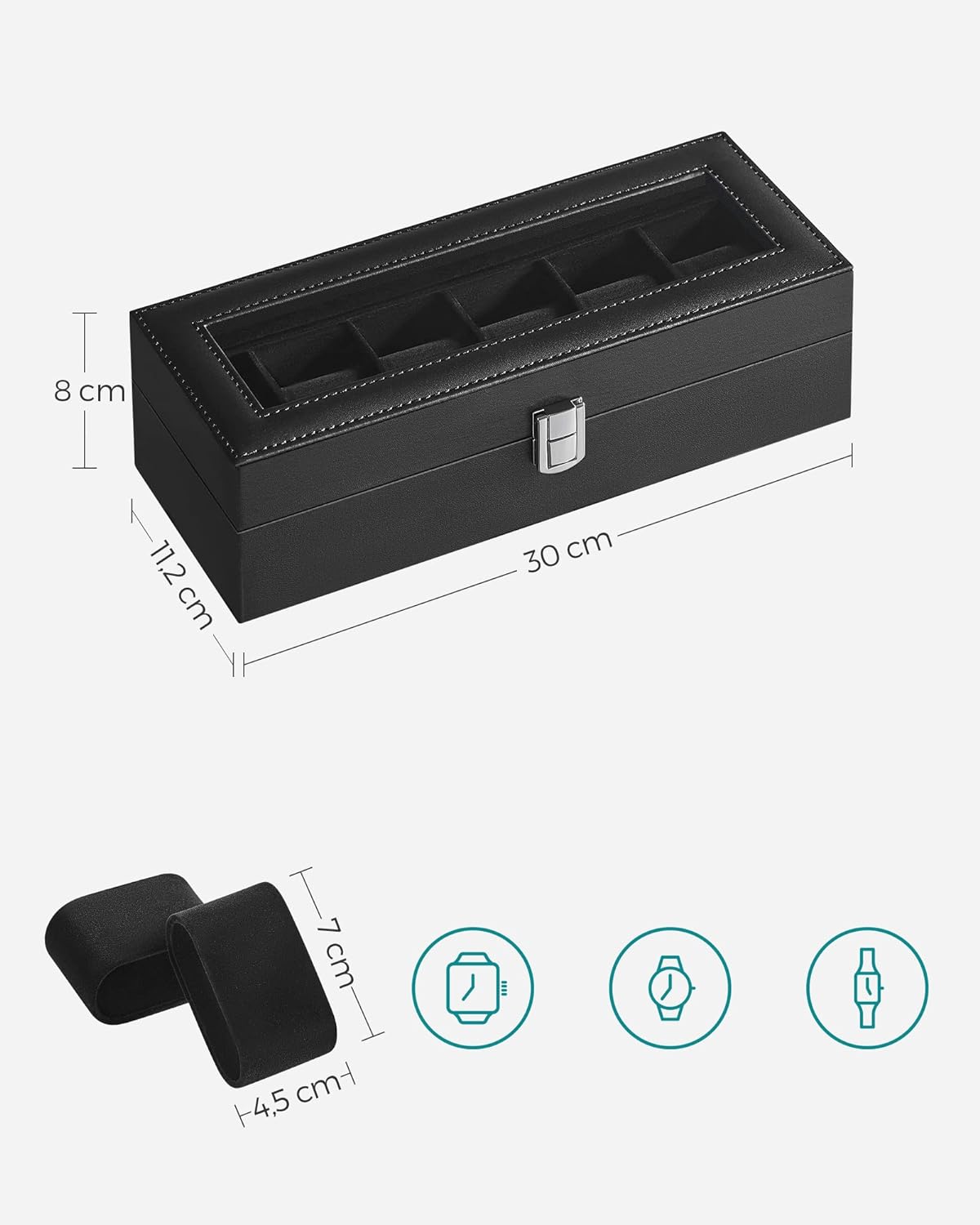 SONGMICS Watch Box for 6 Watches with Glass Lid and Removable Watch Pillows Black Synthetic Leather Grey Lining JWB06BK