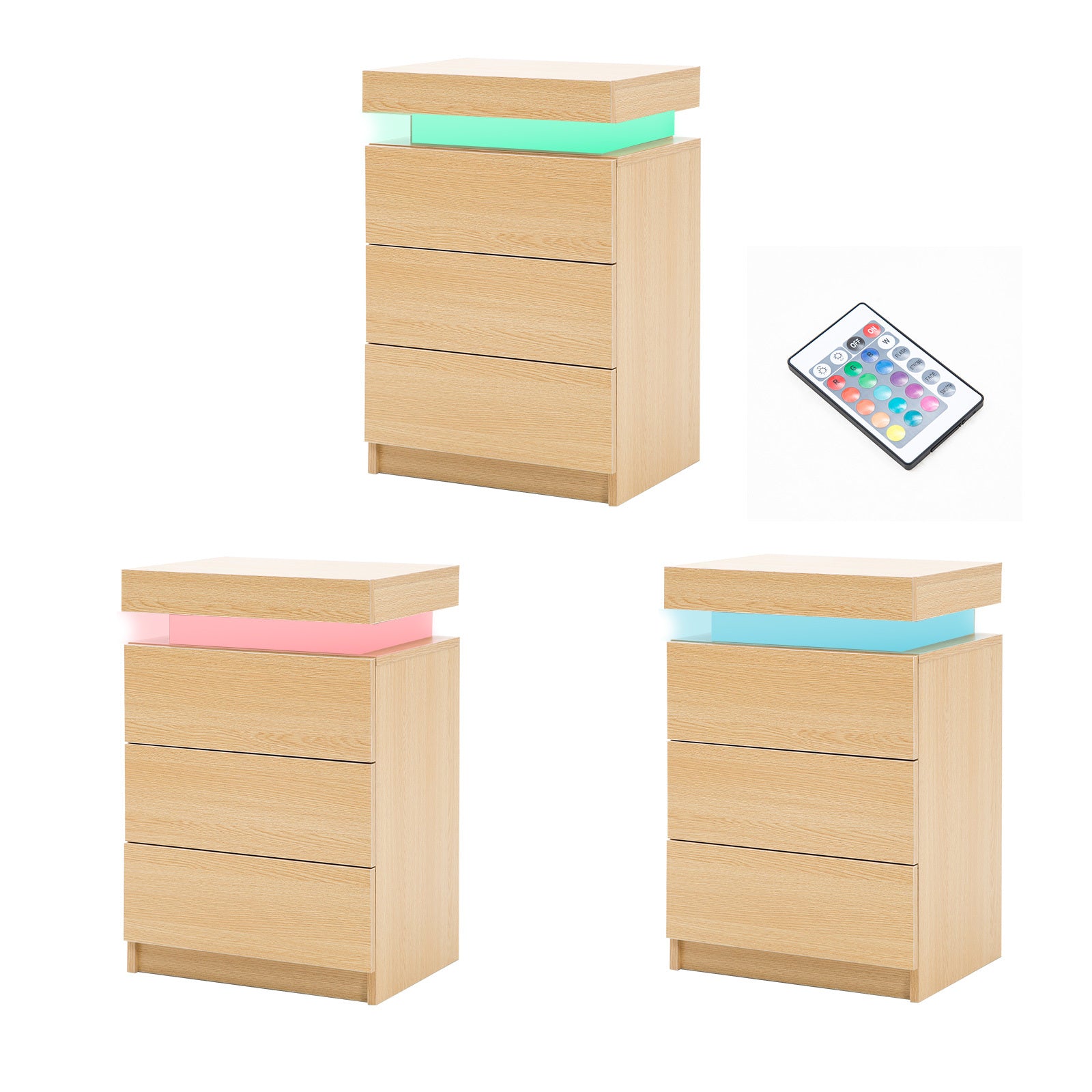 2X Bedside Table 3 Drawers RGB LED Bedroom Cabinet Nightstand Gloss GLORY OAK