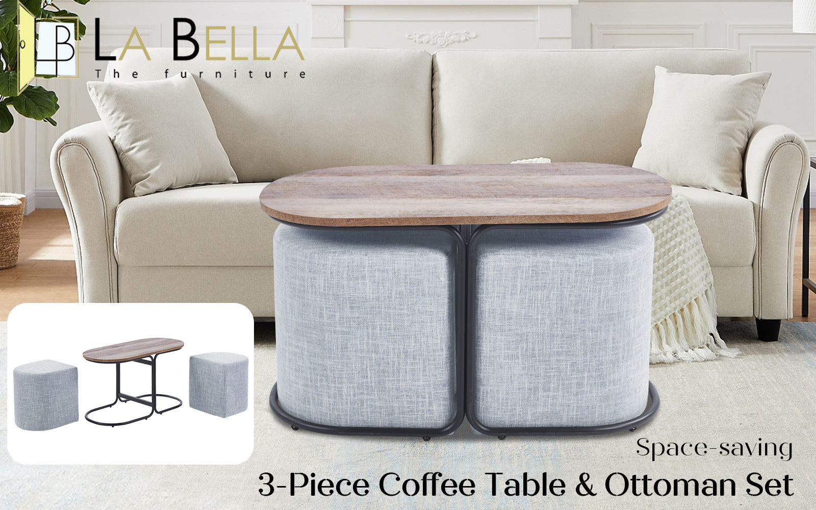 3 Piece Set Coffee Table & Ottoman Wood Side End Table Industrial - COOL GREY