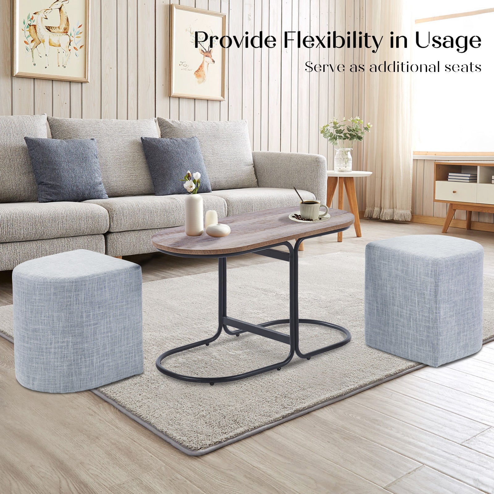 3 Piece Set Coffee Table & Ottoman Wood Side End Table Industrial - COOL GREY