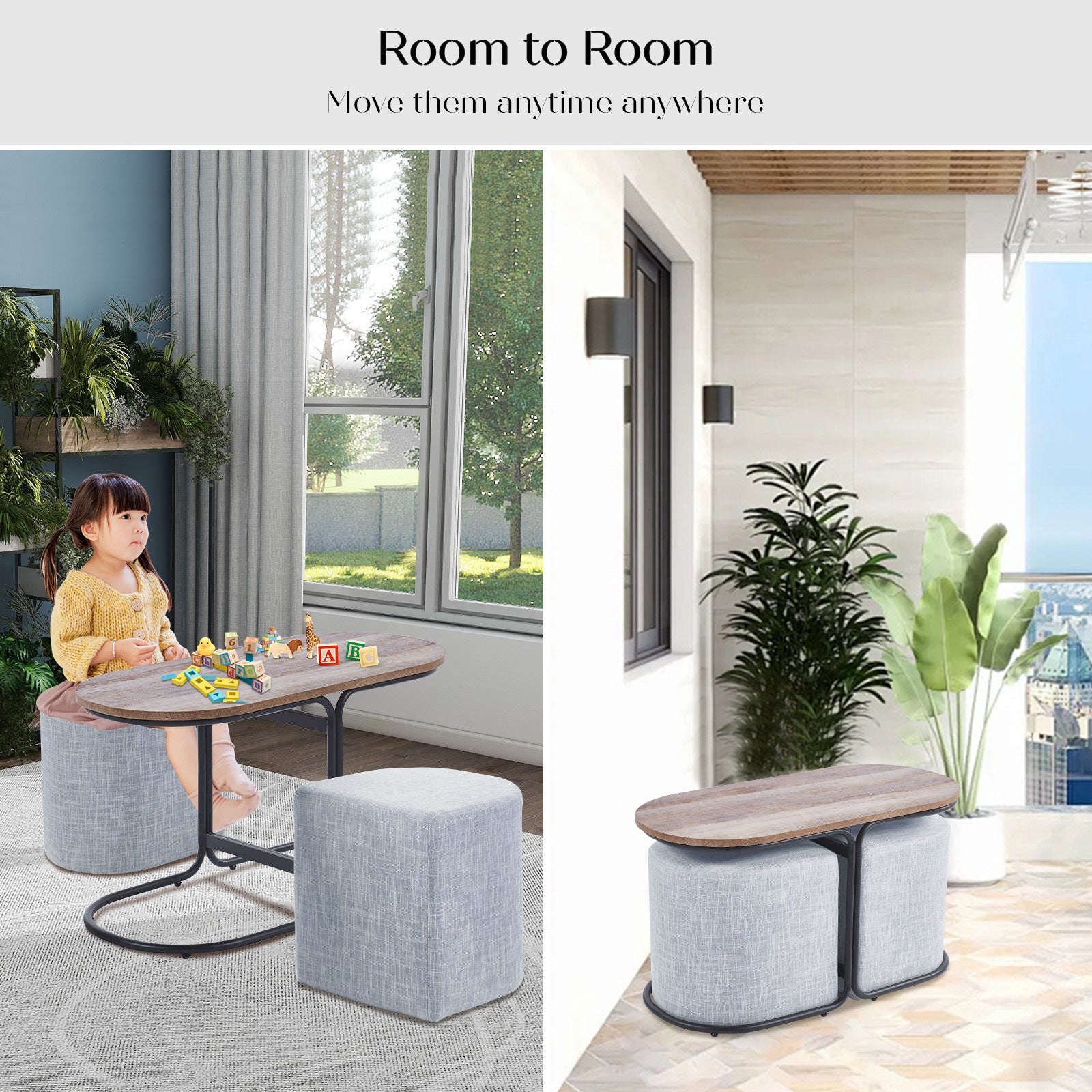 3 Piece Set Coffee Table & Ottoman Wood Side End Table Industrial - COOL GREY