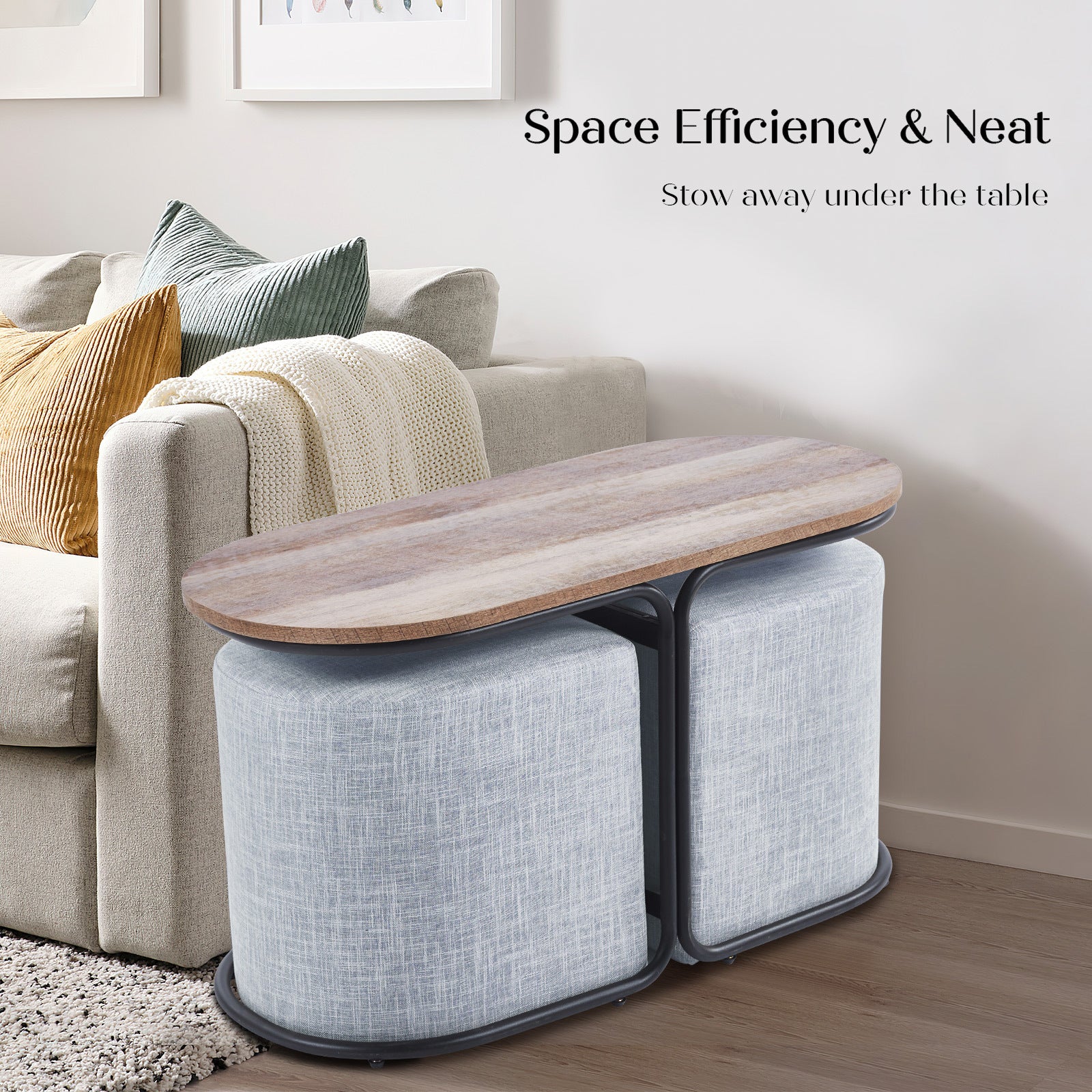 3 Piece Set Coffee Table & Ottoman Wood Side End Table Industrial - COOL GREY