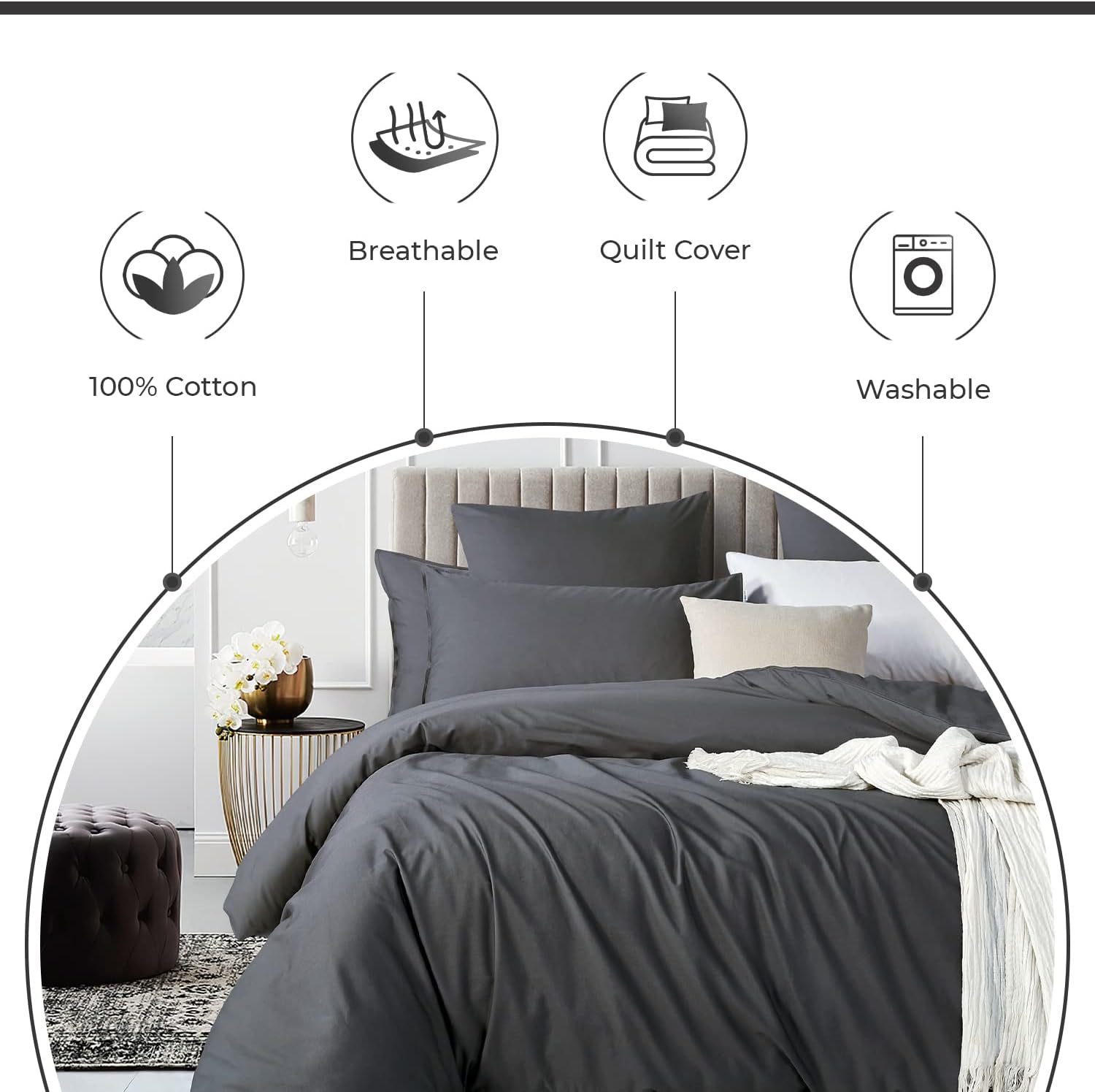 Gioia Casa 100% Cotton Vintage Washed Bed Quilt Cover Set (3Pcs) - Charcoal - Double Size