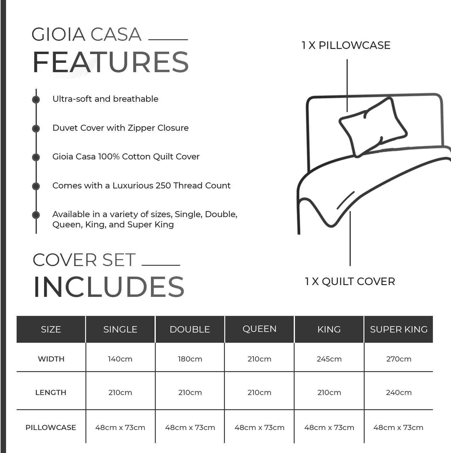 Gioia Casa 100% Cotton Vintage Washed Bed Quilt Cover Set (3Pcs) - Charcoal - Double Size