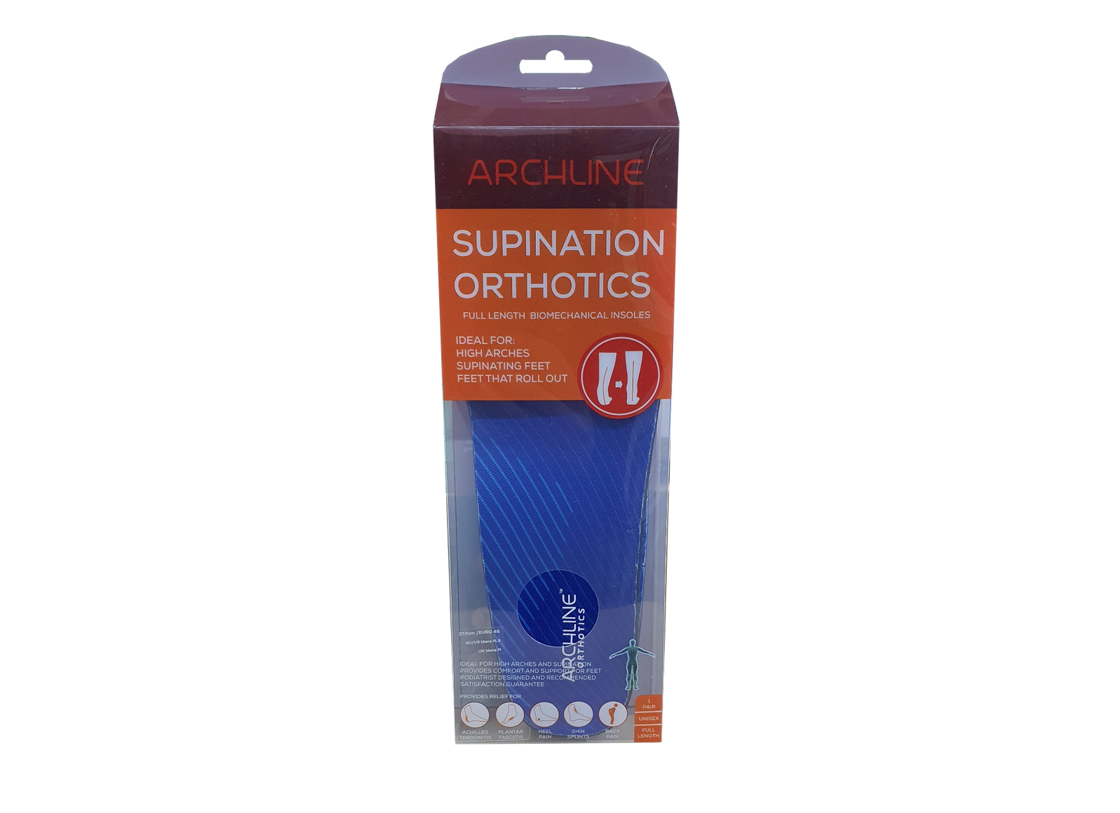 Archline Supination Orthotic Insoles - Full Length (Unisex) Plantar Fasciitis High Arch - Euro 41