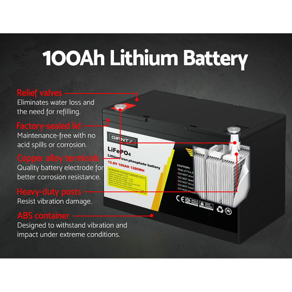 Giantz Lithium Iron Battery 100AH 12.8V LiFePO4 Deep Cycle Battery 4WD Camping