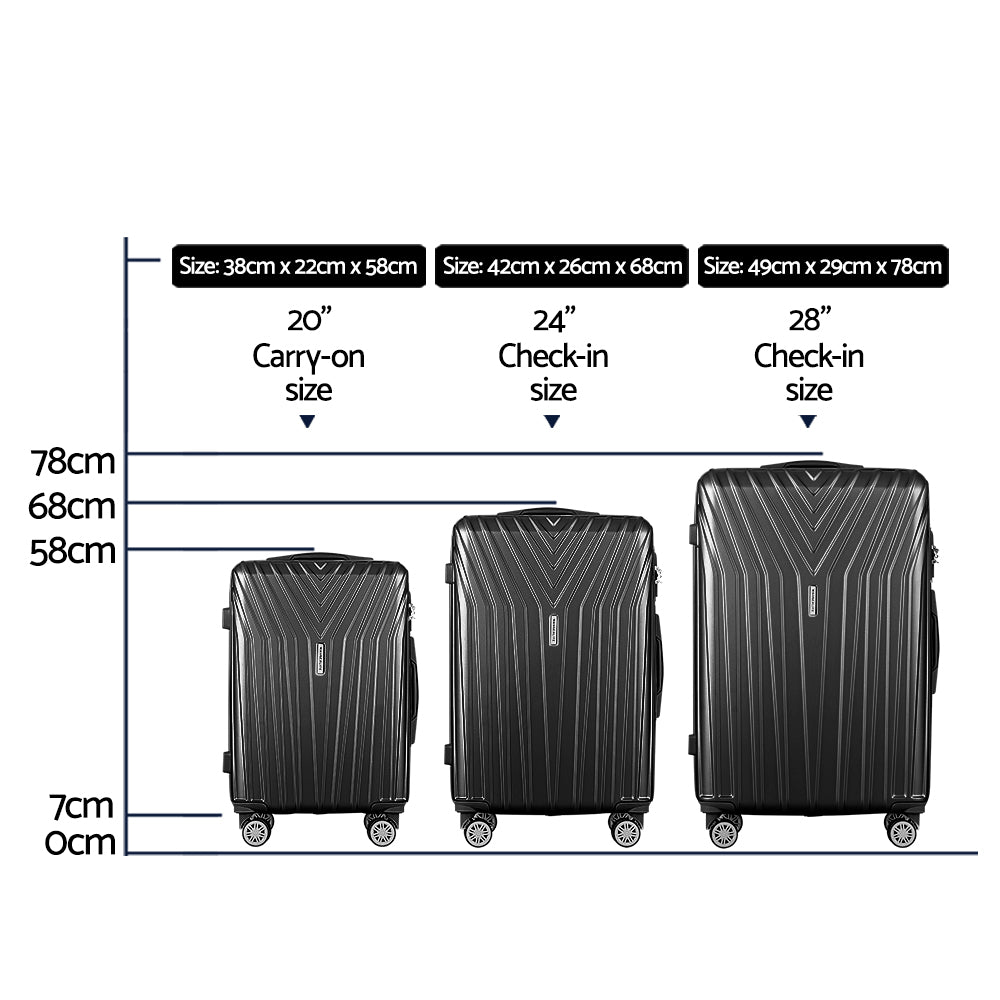 Wanderlite 75cm 3pc Luggage Trolley Suitcase Sets Travel TSA Hard Case Black