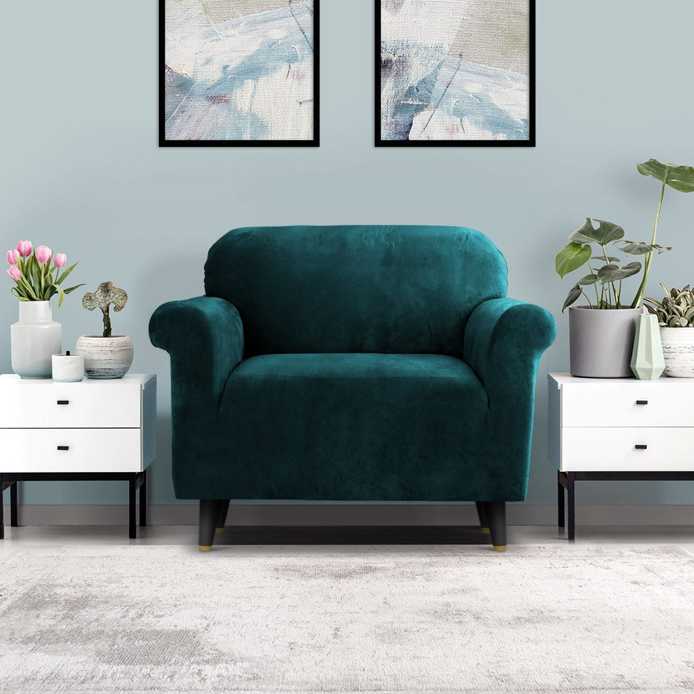 Artiss Velvet Sofa Cover Plush Couch Cover Lounge Slipcover 1 Seater Agate Green