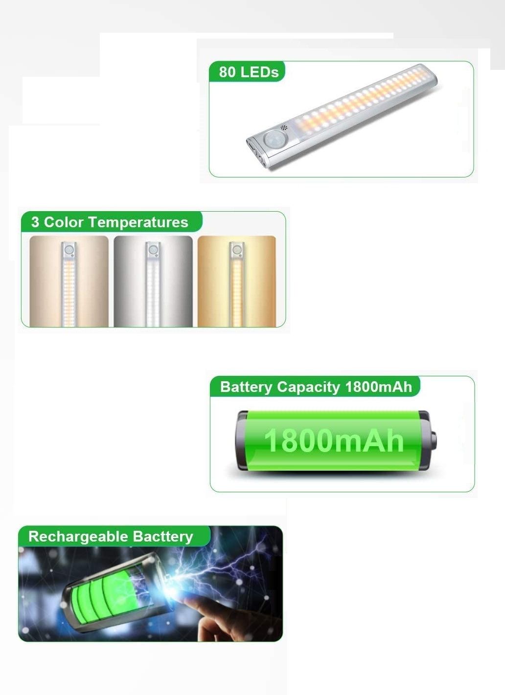80 LED Motion Closet Sensor Rechargeable Lights for Kitchen and Bedroom (White and Yellow Light)