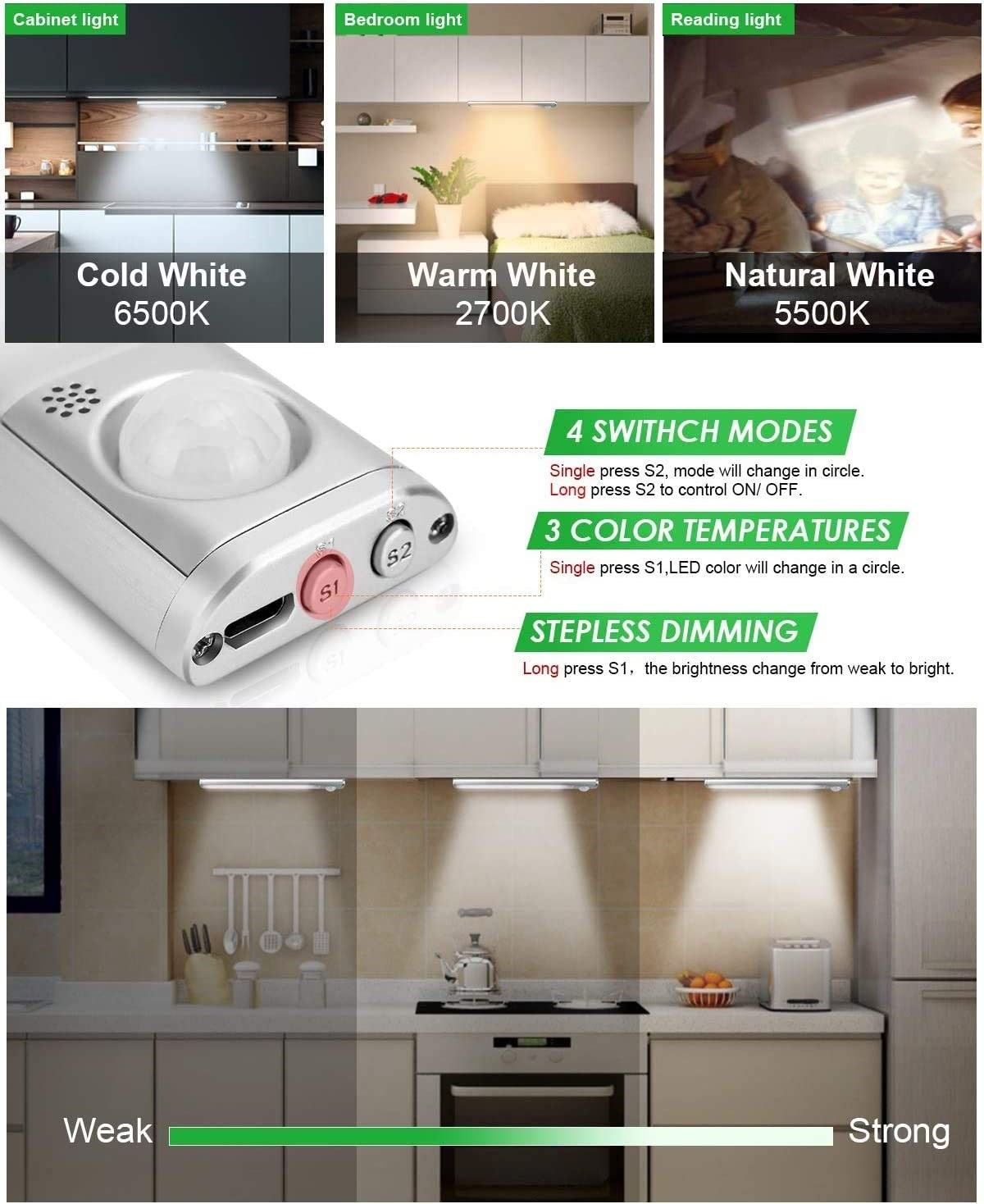 80 LED Motion Closet Sensor Rechargeable Lights for Kitchen and Bedroom (White and Yellow Light)