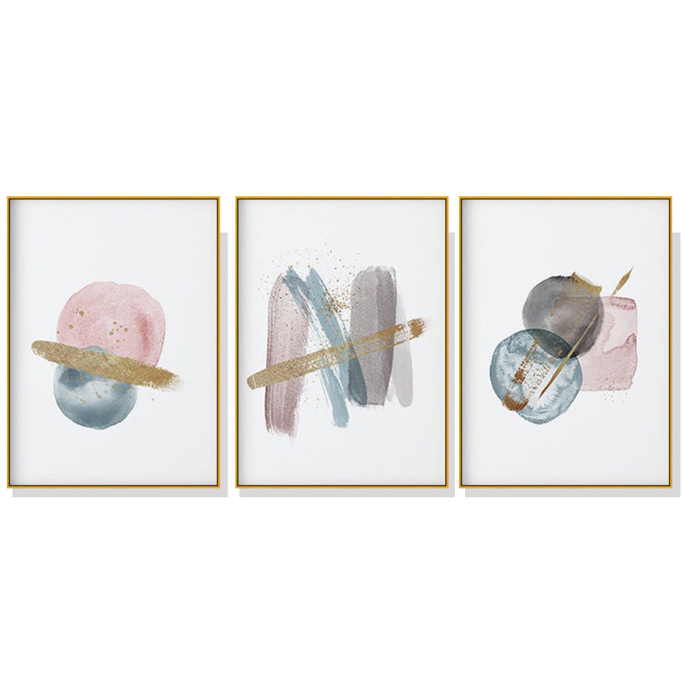 60cmx90cm Blush Pink Watercolor 3 Sets Gold Frame Canvas Wall Art