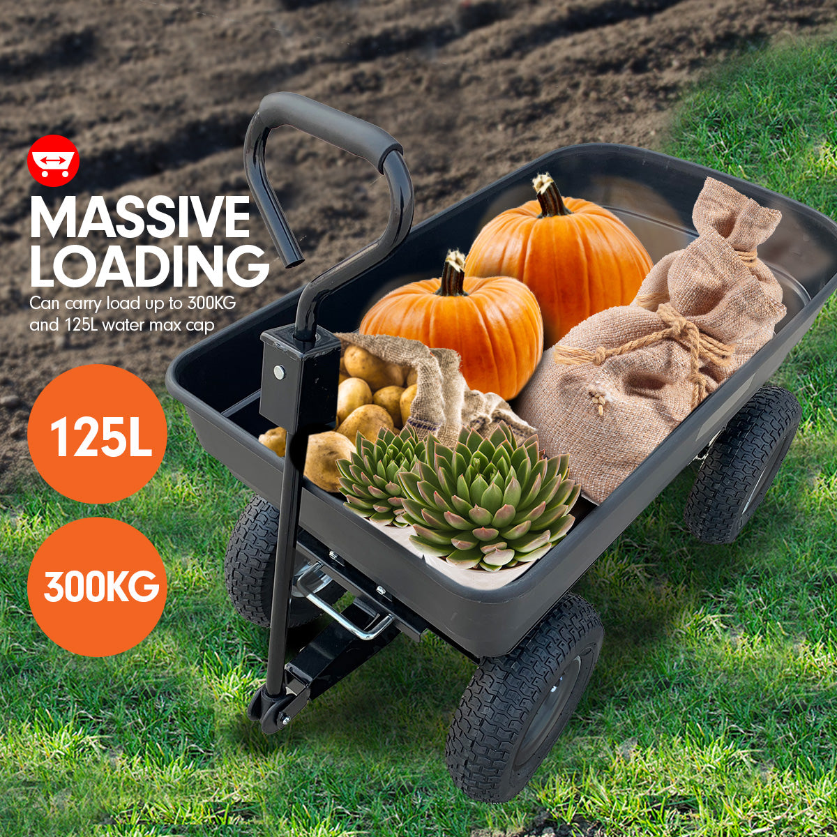 Kartrite Garden Dump Cart Dumper Wagon Carrier Wheel Barrow  125L/300kg