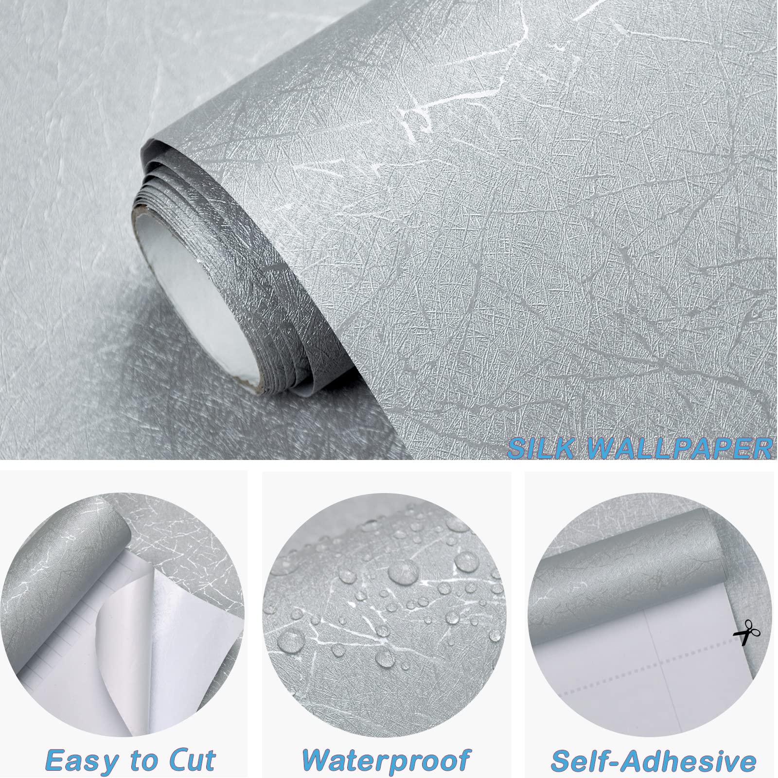 61cm x 10m Green Wallpaper Decor Faux Grasscloth Paper Wall Paper Self Adhesive Removable Silver