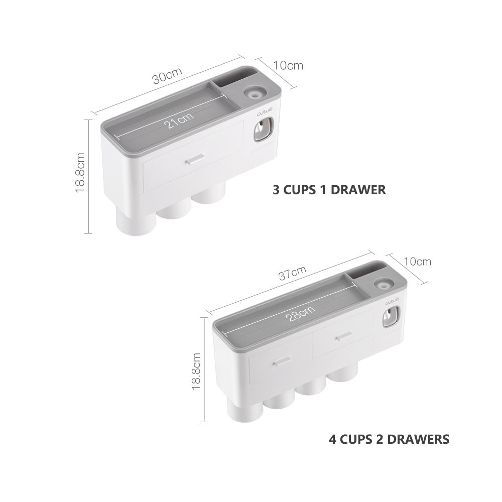Toothbrush Holders with 3-4 Cups Automatic Toothpaste Dispenser Kit(3 Cups 1 Drawer)