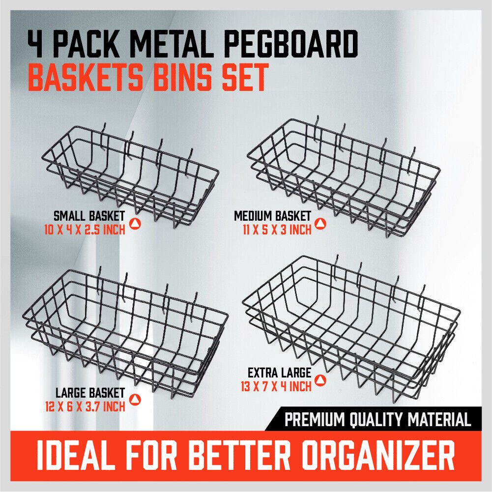 4Pc Pegboard Baskets Set Storage Bins Peg Board Organizer 4 Size Display Hangers