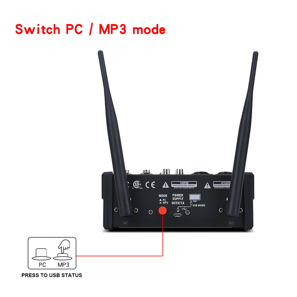 HRIDZ Stereo Audio Mixer Build-in UHF Wireless Mics 4 Channels Mixing Console