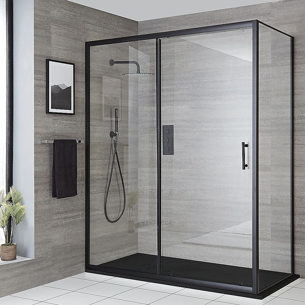 Adjustable 1400x800mm Single Door Corner Sliding Glass Shower Screen in Black